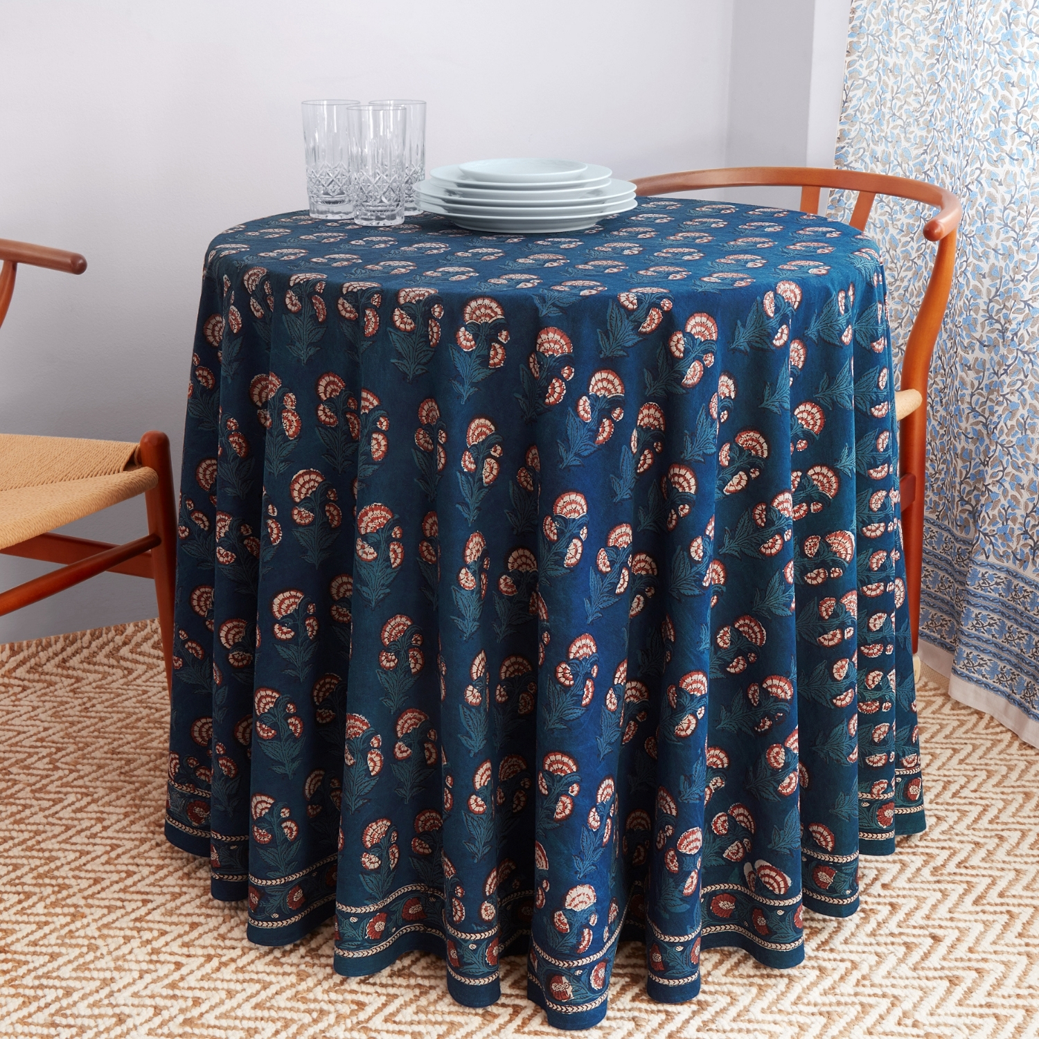 Indian Block Print Tablecloths, Indigo, Embroidered & Applique